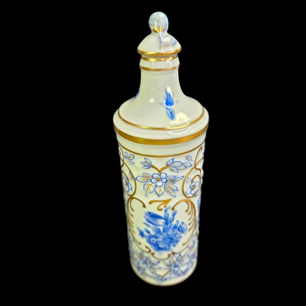 Herend Perfume Bottle Blue Floral Rosebud Top Gold Trim Embossed Empty READ